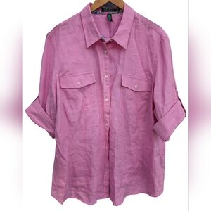 LAUREN RALPH LAUREN 3XL women's Linen blouse pink button-down Plus size roll tab